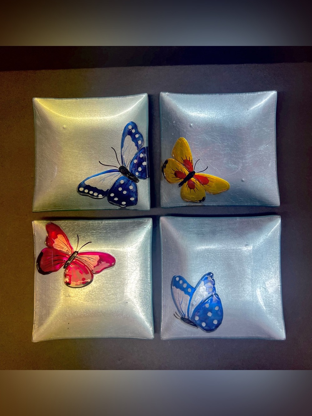 Gorham Set of 4 Square Butterfly Menagerie Glass Decorative 6" Plates